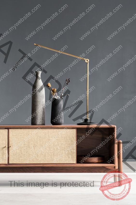 Mid-Century Walnut Media Console with Rattan Doors