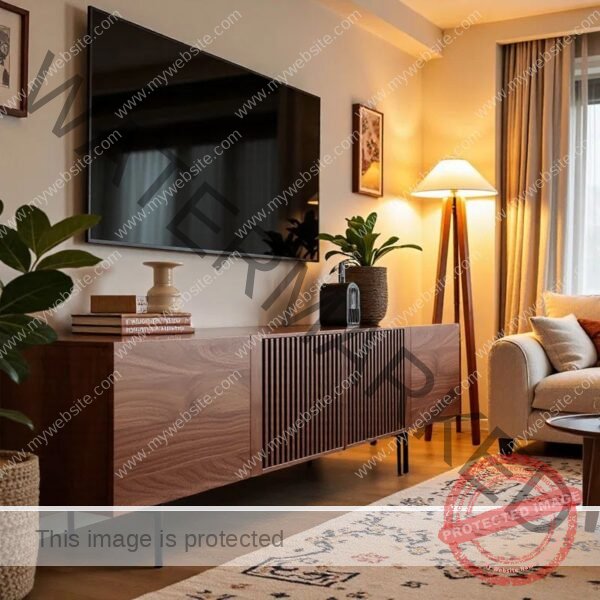 Modern Walnut TV Unit with Slat Doors