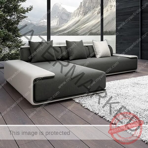 Modern Grey L-Shape Low Profile Sofa with White Accents