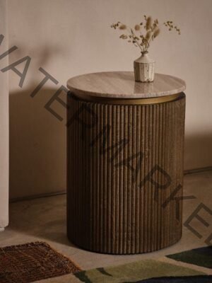Futed Wood Side Table with Marble Top