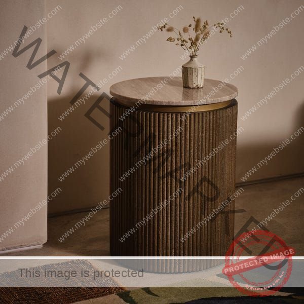 Futed Wood Side Table with Marble Top