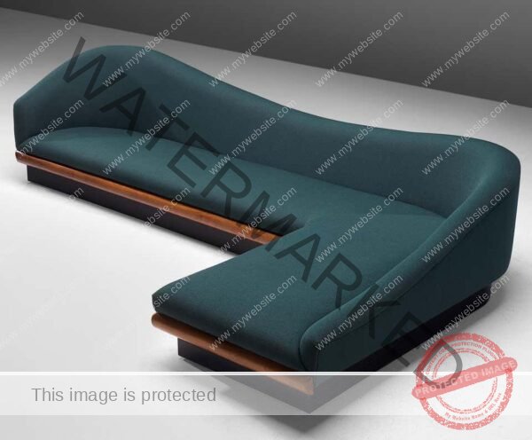 Emerald Green Asymmetric Curved Sofa with Wood Base