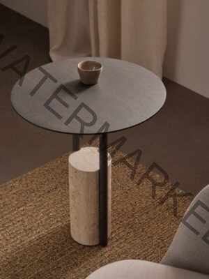 Round Side Table with Travertine Stone Base